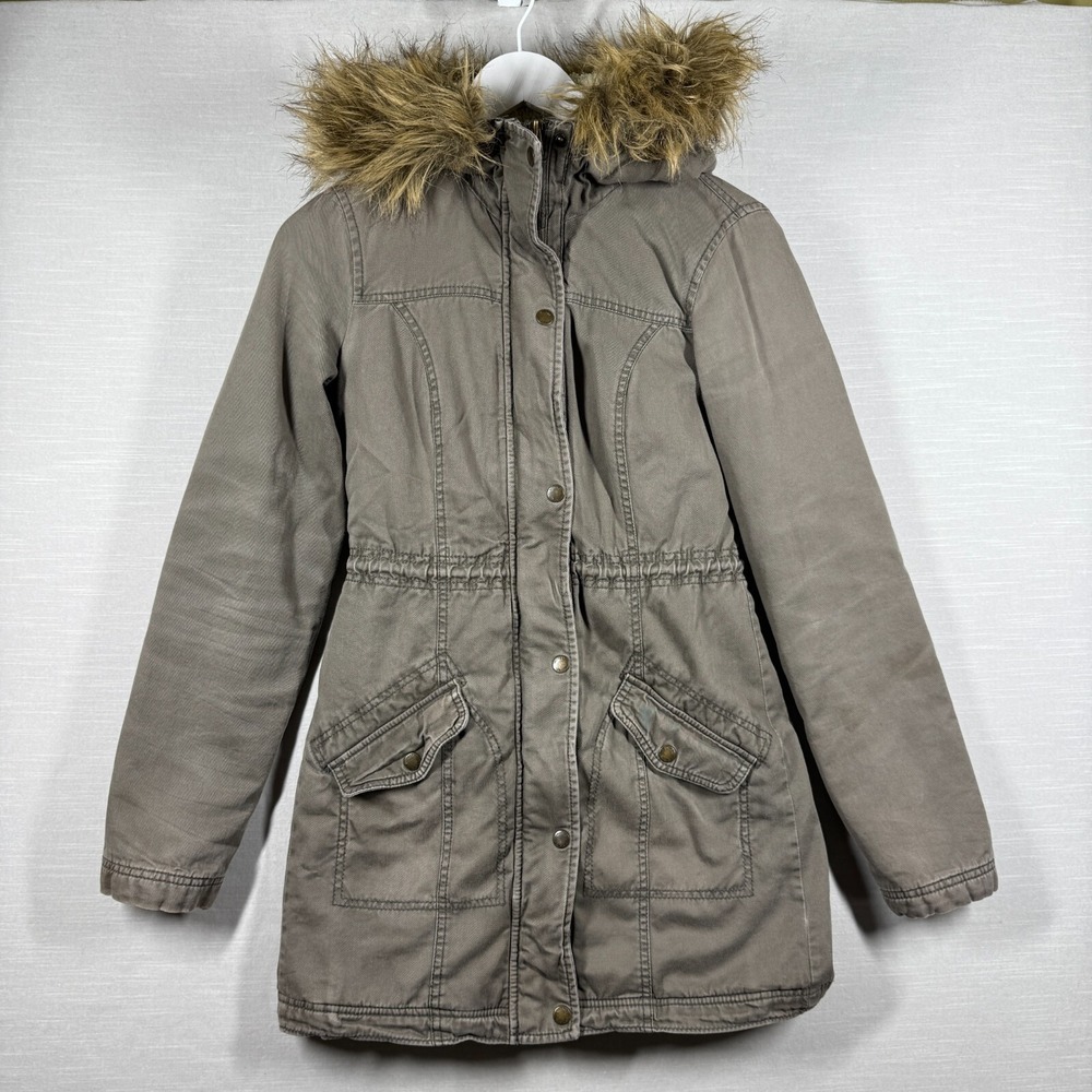 Hollister Parka Coat Jacket Women S Gray Faux Hood Fur Sherpa Lined Chore Y2K